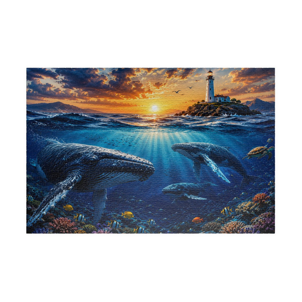 Ocean Lighthouse Puzzle – Whales Under the Sea Jigsaw Puzzle, Coastal Sunset Puzzle, Ocean Lover Gift, 250, 500 or 1000 Pieces