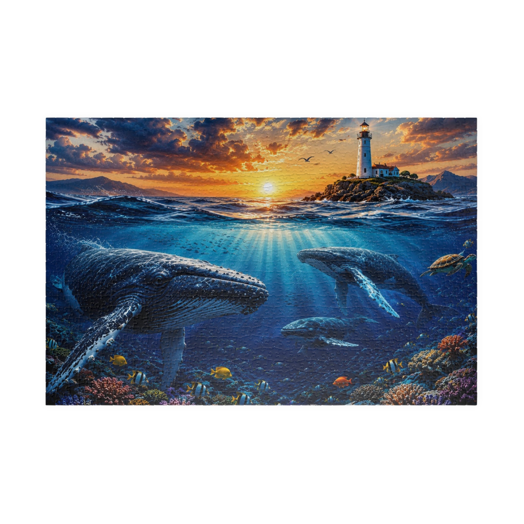 Ocean Lighthouse Puzzle – Whales Under the Sea Jigsaw Puzzle, Coastal Sunset Puzzle, Ocean Lover Gift, 250, 500 or 1000 Pieces