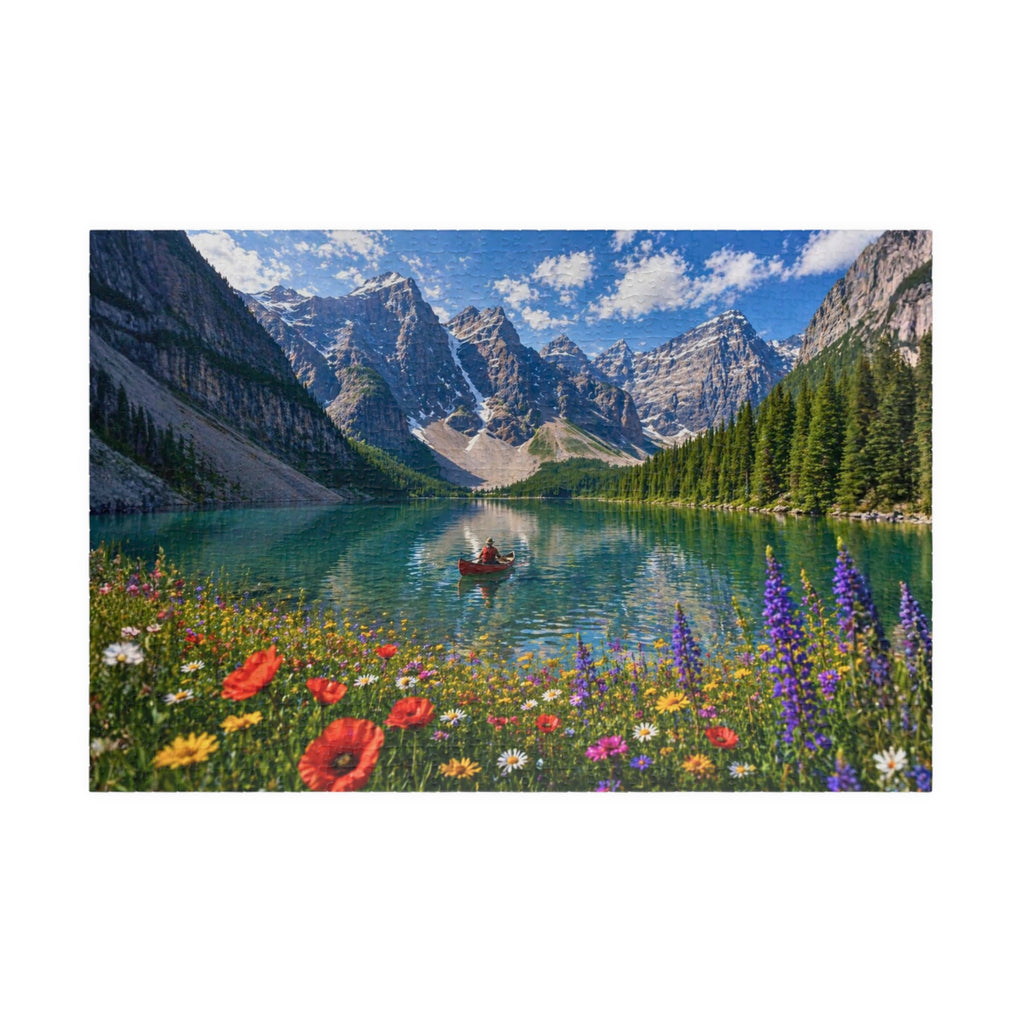 Mountain Lake Canoe Puzzle – Scenic Nature Jigsaw Puzzle, Alpine Lake & Wildflowers, Relaxing Landscape Puzzle, Gift for Nature Lovers