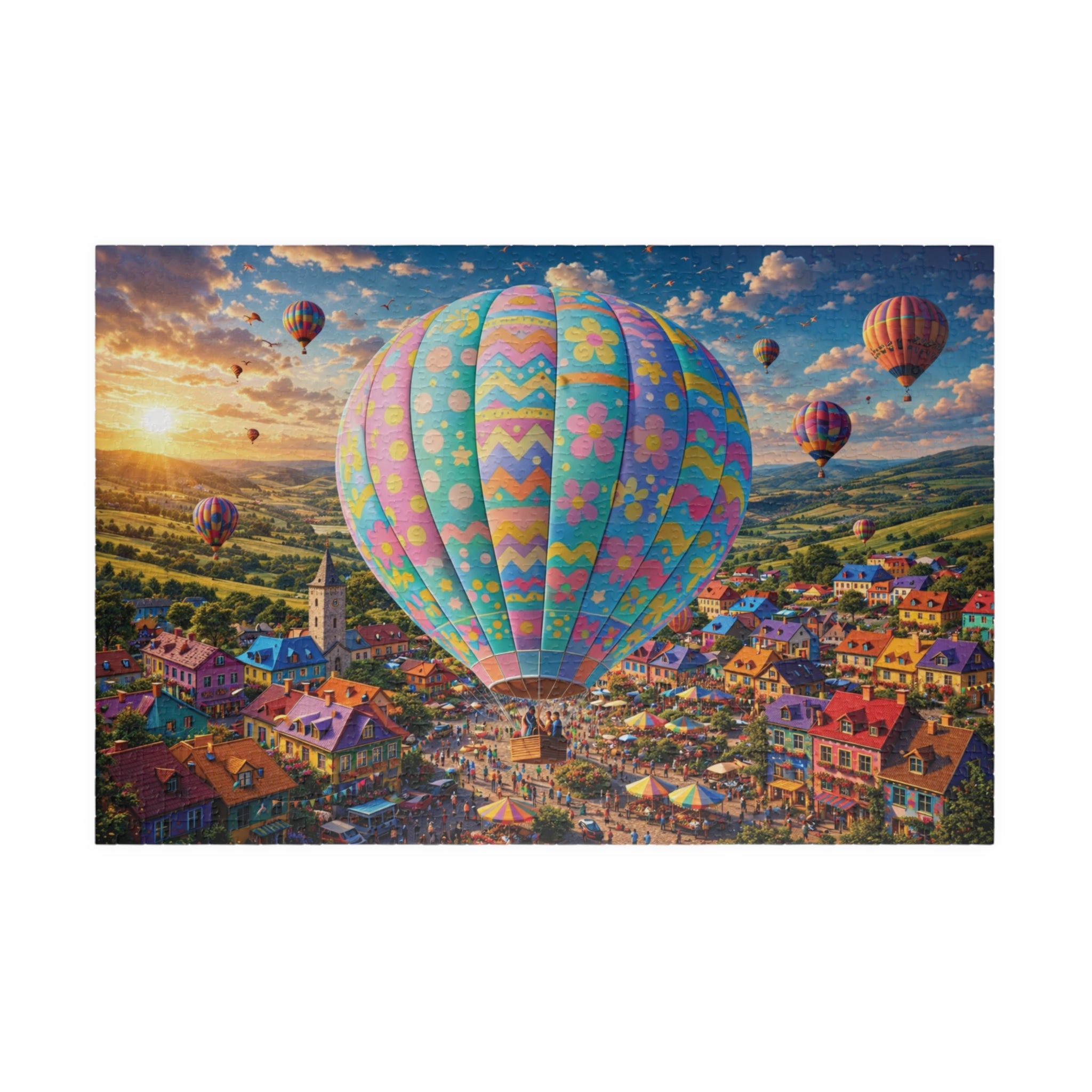 Hot Air Balloon Puzzle 500 or 1000 Piece, Pastel Sky Landscape Jigsaw Puzzle, Dreamy Travel Art Puzzle