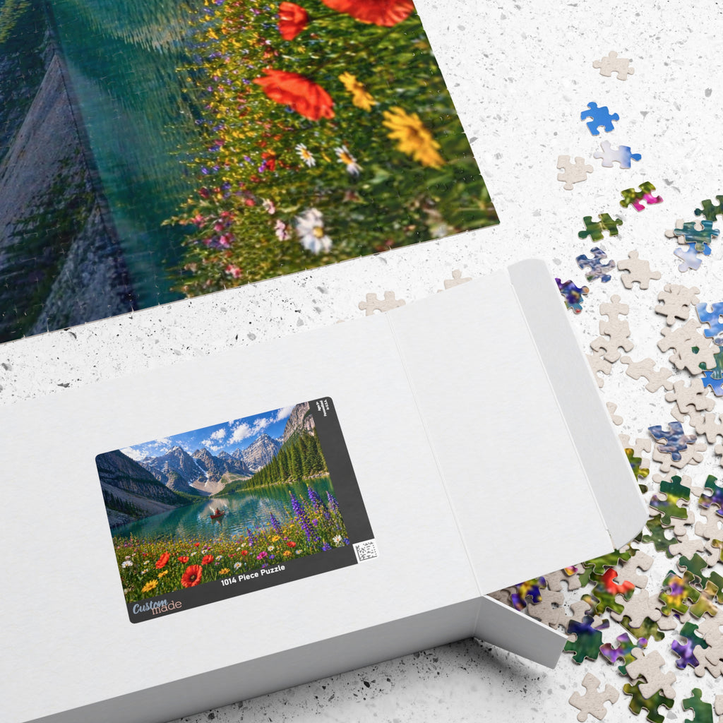 Mountain Lake Canoe Puzzle – Scenic Nature Jigsaw Puzzle, Alpine Lake & Wildflowers, Relaxing Landscape Puzzle, Gift for Nature Lovers