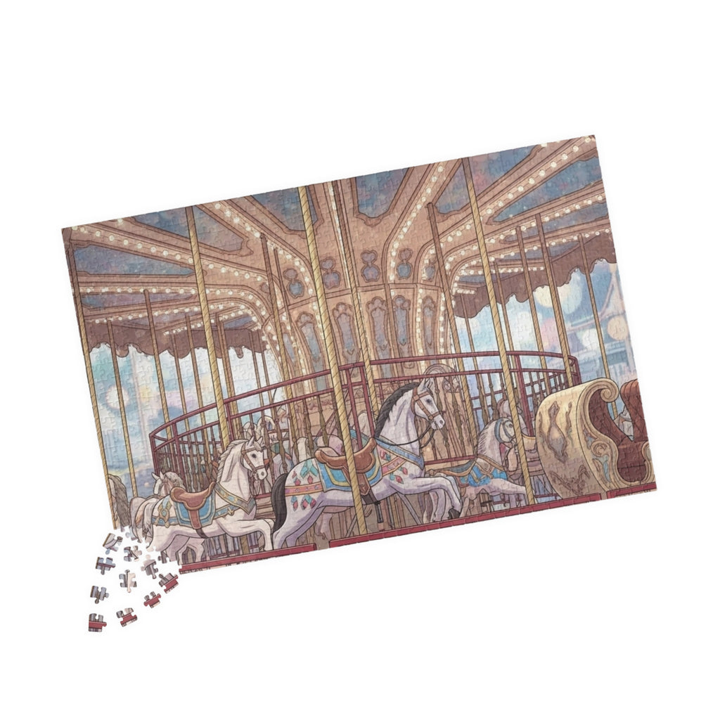 Vintage Carousel Puzzle 1000 Piece, Twilight Fairground Jigsaw Puzzle, Magical Amusement Park Art