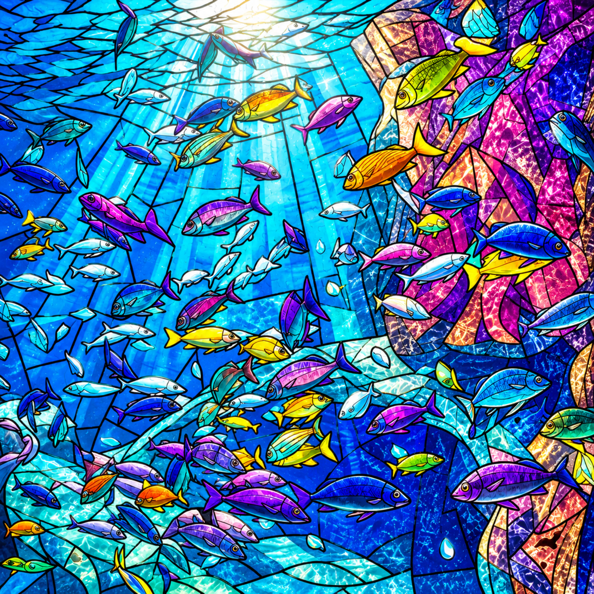 Stained Glass Ocean Jigsaw Puzzle – Colorful Tropical Fish Underwater Puzzle – Sea Life Art Puzzle – 500 & 1000 Piece Adult Puzzle