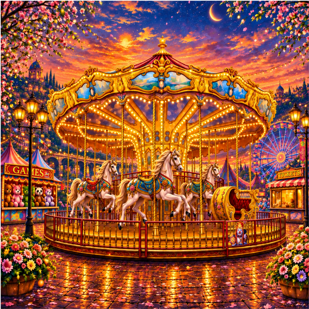 Carousel Jigsaw Puzzle 500 or 1000 Piece Vintage Fair Puzzle, Magical Amusement Park Art Puzzle