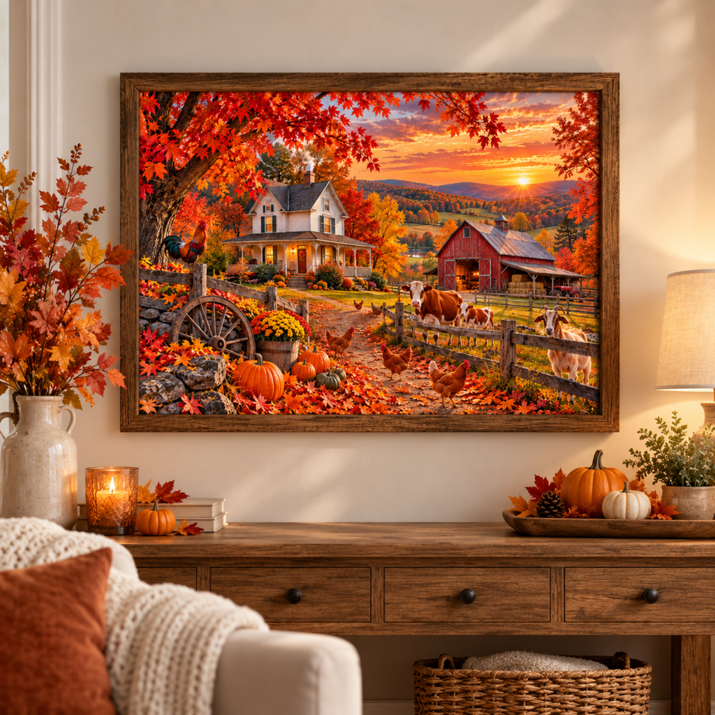 Autumn Farmhouse Puzzle, Fall Harvest Jigsaw Puzzle, Country Farm Sunset, Barn & Farm Animals, Cozy Fall Puzzle, 500 or 1000 Pieces