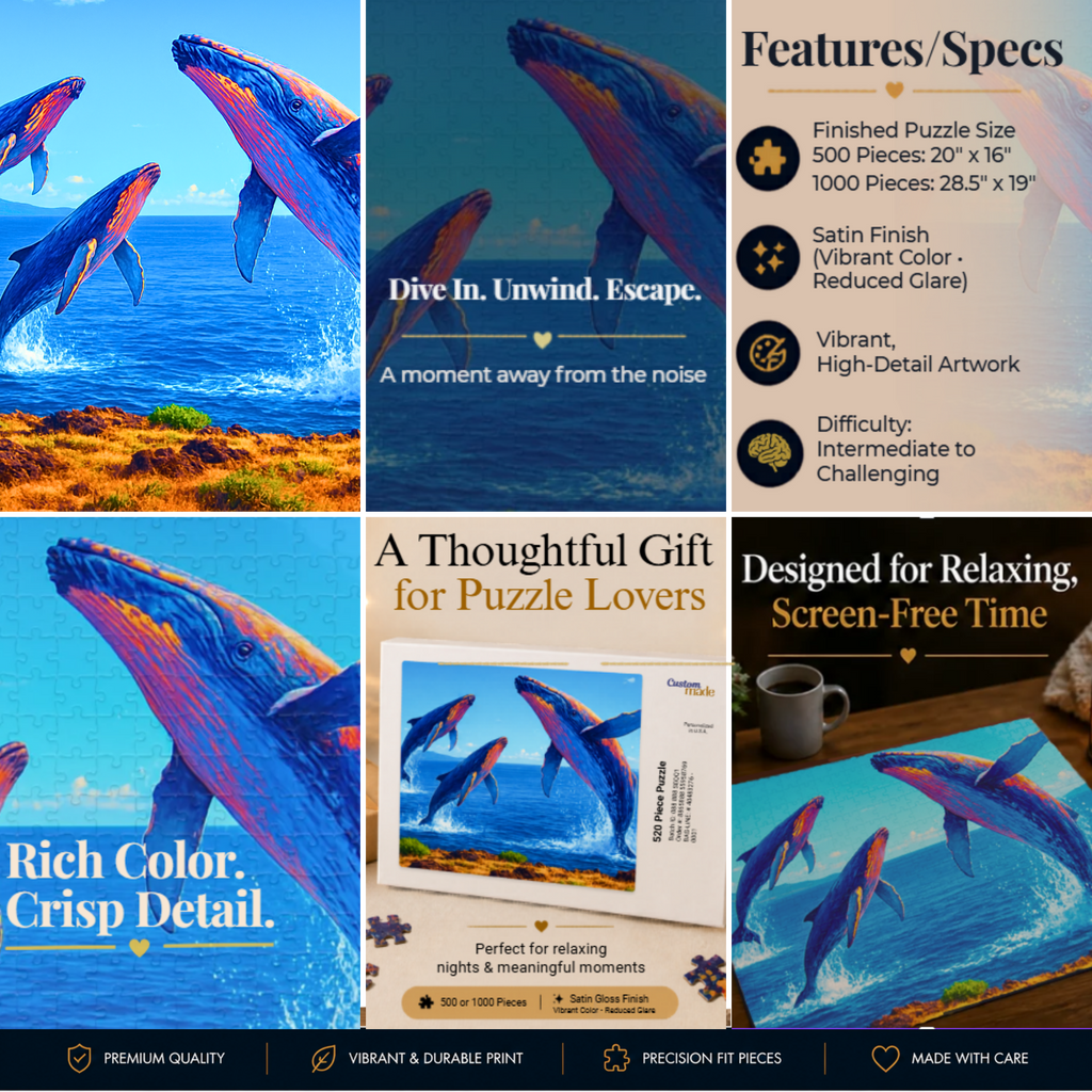 Personalized Whale Jigsaw Puzzle 1000 Piece – Ocean Puzzle for Adults, Relaxing Art Puzzle, Unique Gift for Puzzle Lovers, 500 or 1000 Pieces (Copy)