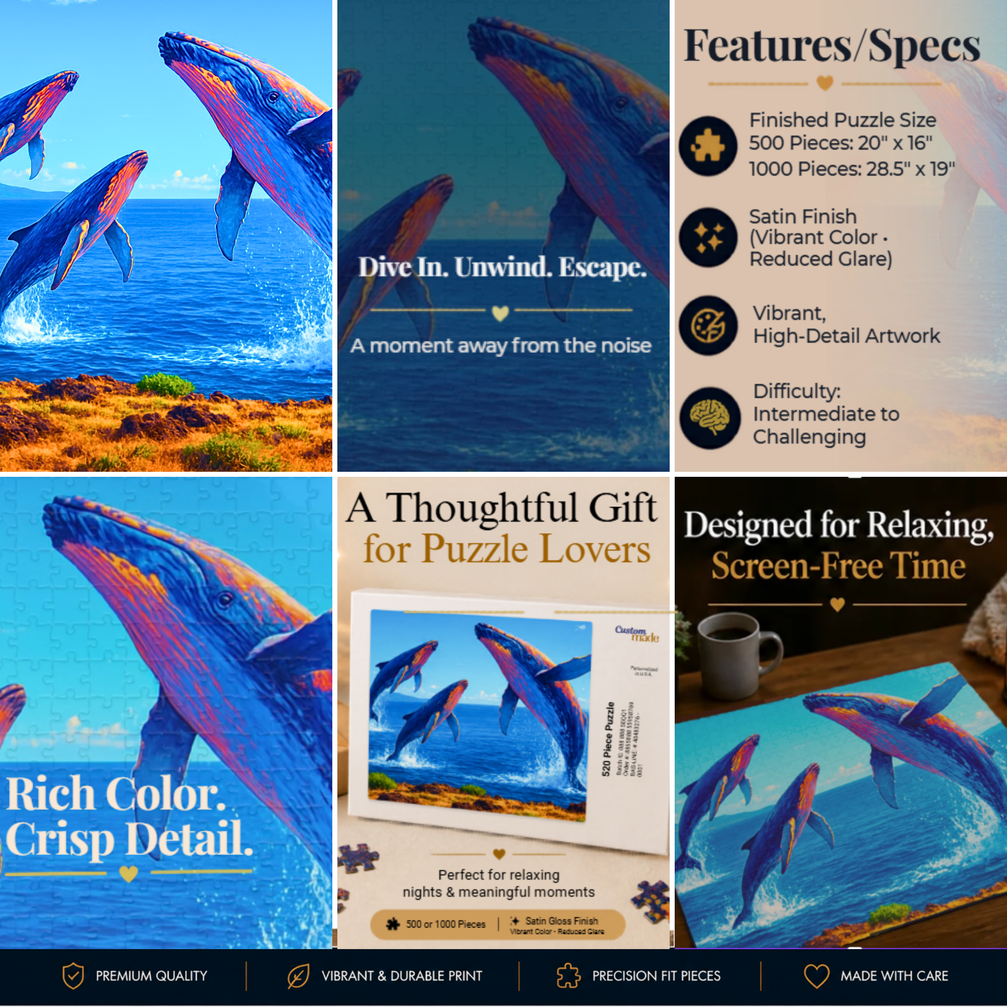 Personalized Whale Jigsaw Puzzle 1000 Piece – Ocean Puzzle for Adults, Relaxing Art Puzzle, Unique Gift for Puzzle Lovers, 500 or 1000 Pieces (Copy)