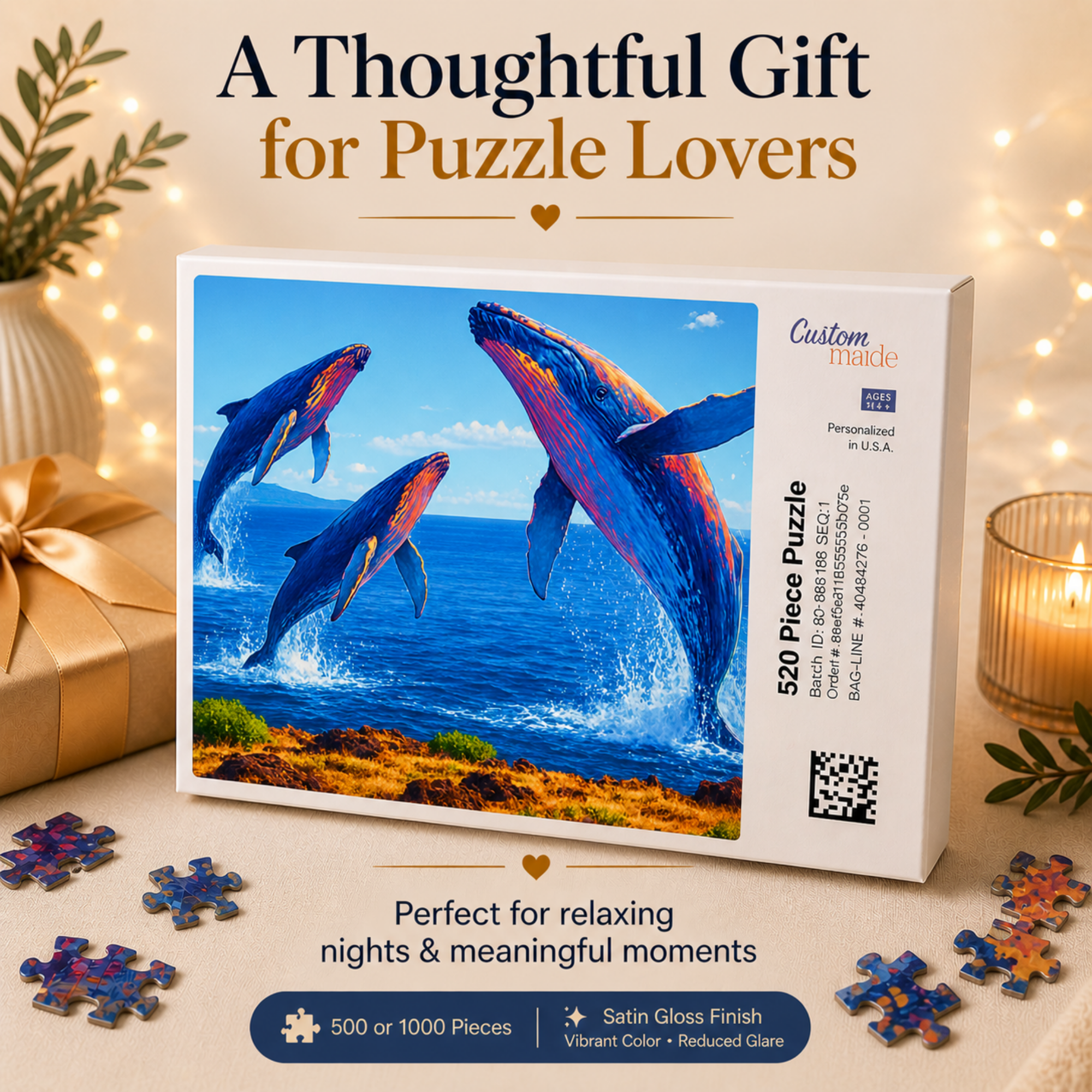 Personalized Whale Jigsaw Puzzle 1000 Piece – Ocean Puzzle for Adults, Relaxing Art Puzzle, Unique Gift for Puzzle Lovers, 500 or 1000 Pieces (Copy)