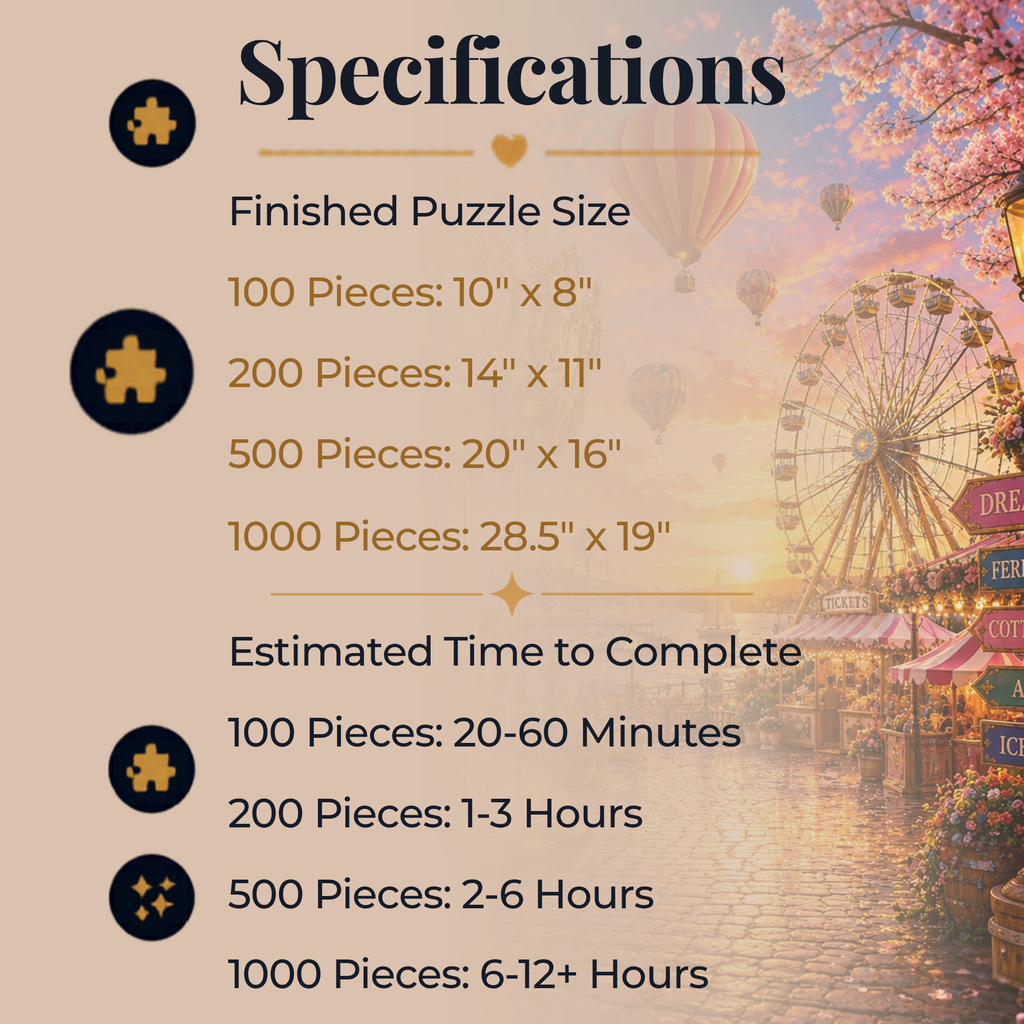 Dreamland Carousel Puzzle – Whimsical Carnival Jigsaw Puzzle, Ferris Wheel & Hot Air Balloons, Colorful Adult Puzzle, 100, 250, 500 or 1000 Pieces