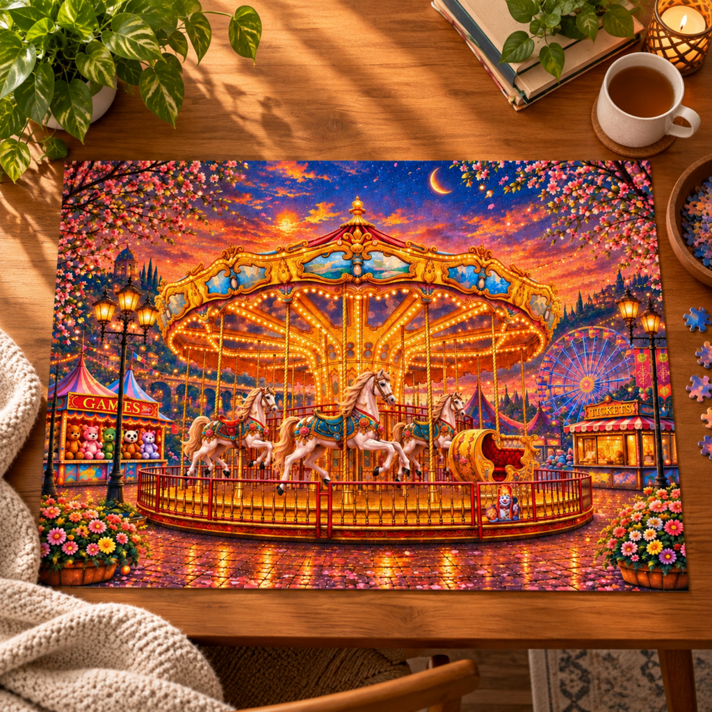 Carousel Jigsaw Puzzle 500 or 1000 Piece Vintage Fair Puzzle, Magical Amusement Park Art Puzzle