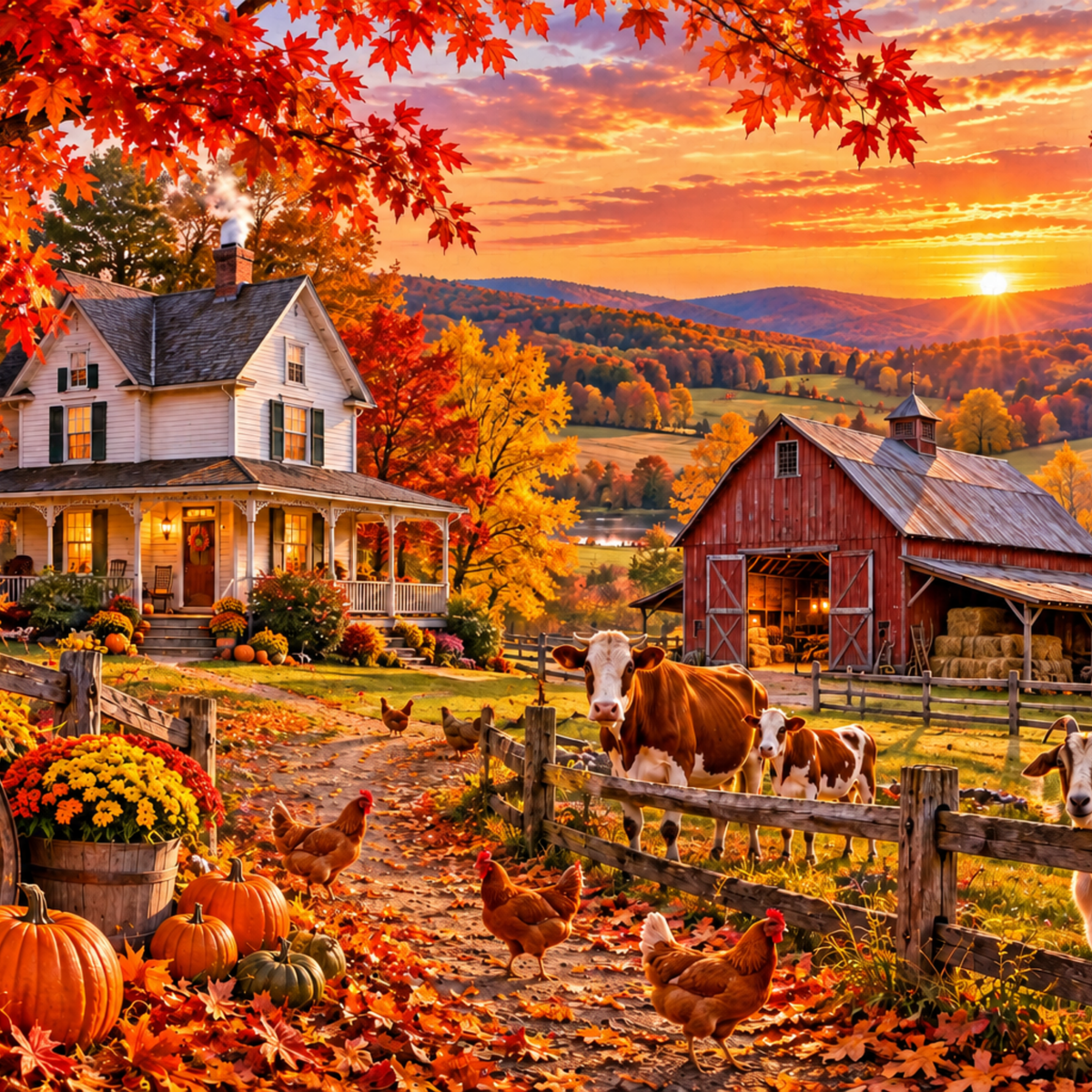 Autumn Farmhouse Puzzle, Fall Harvest Jigsaw Puzzle, Country Farm Sunset, Barn & Farm Animals, Cozy Fall Puzzle, 500 or 1000 Pieces