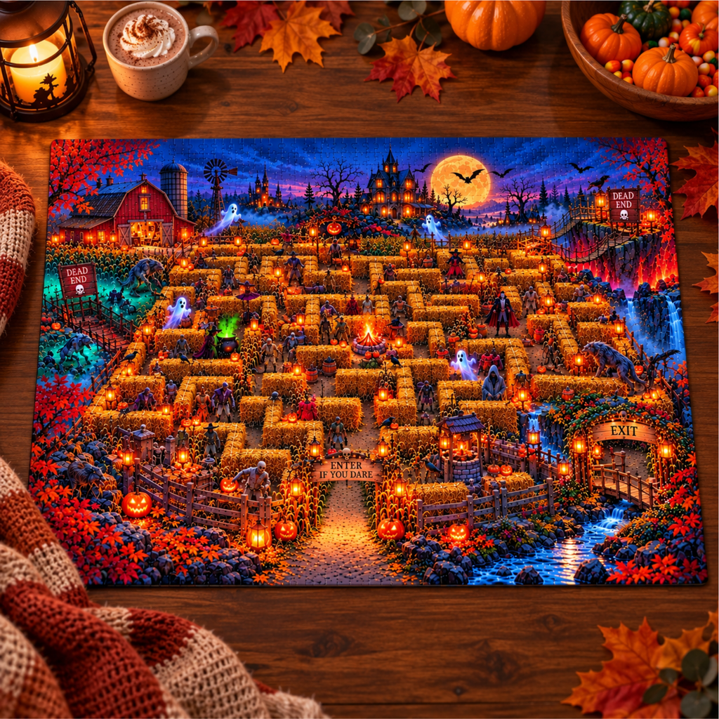 Halloween Haunted Maze Jigsaw Puzzle for Adults, Spooky Corn Maze Puzzle, 500 Piece Halloween Puzzle, Vampire Ghosts & Werewolves