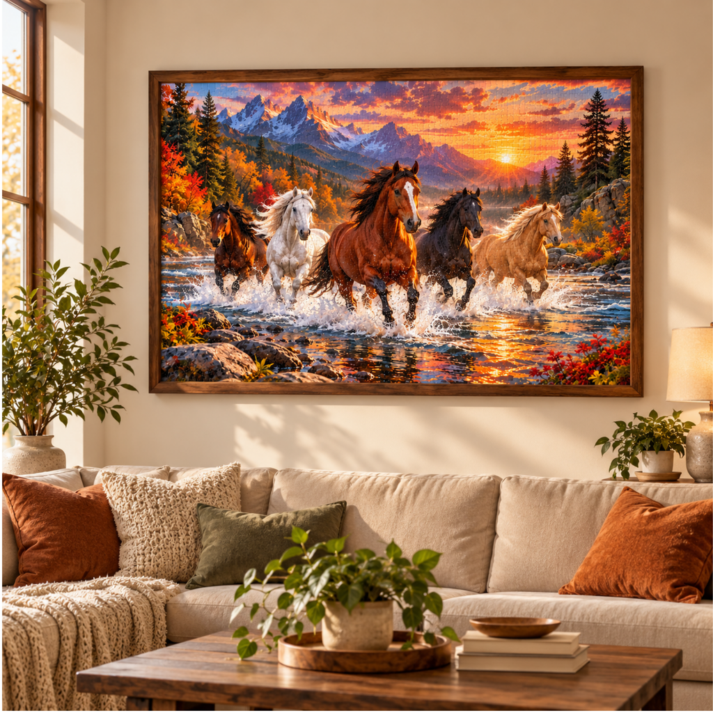 Wild Horse Puzzle 500 or 1000 Piece – Horses Running Jigsaw Puzzle, Mountain Sunset Puzzle, Horse Lover Gift, Scenic Puzzle for Adults