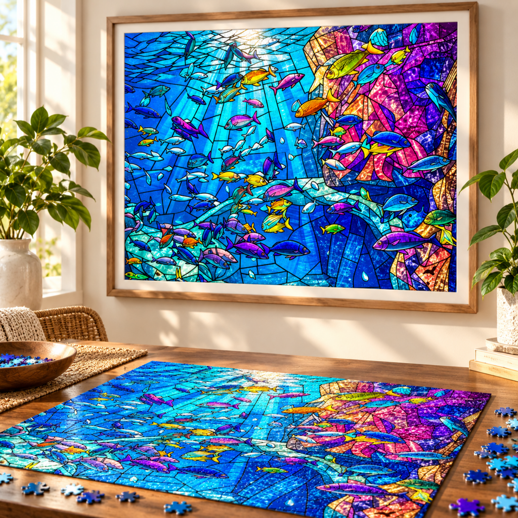 Stained Glass Ocean Jigsaw Puzzle – Colorful Tropical Fish Underwater Puzzle – Sea Life Art Puzzle – 500 & 1000 Piece Adult Puzzle