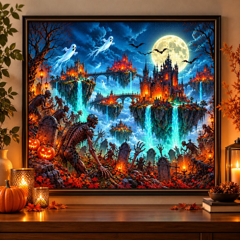 Halloween Floating Islands Jigsaw Puzzle, Haunted Castle Puzzle for Adults, Zombie Ghost Puzzle, Spooky Fantasy 500 Piece Jigsaw Puzzle