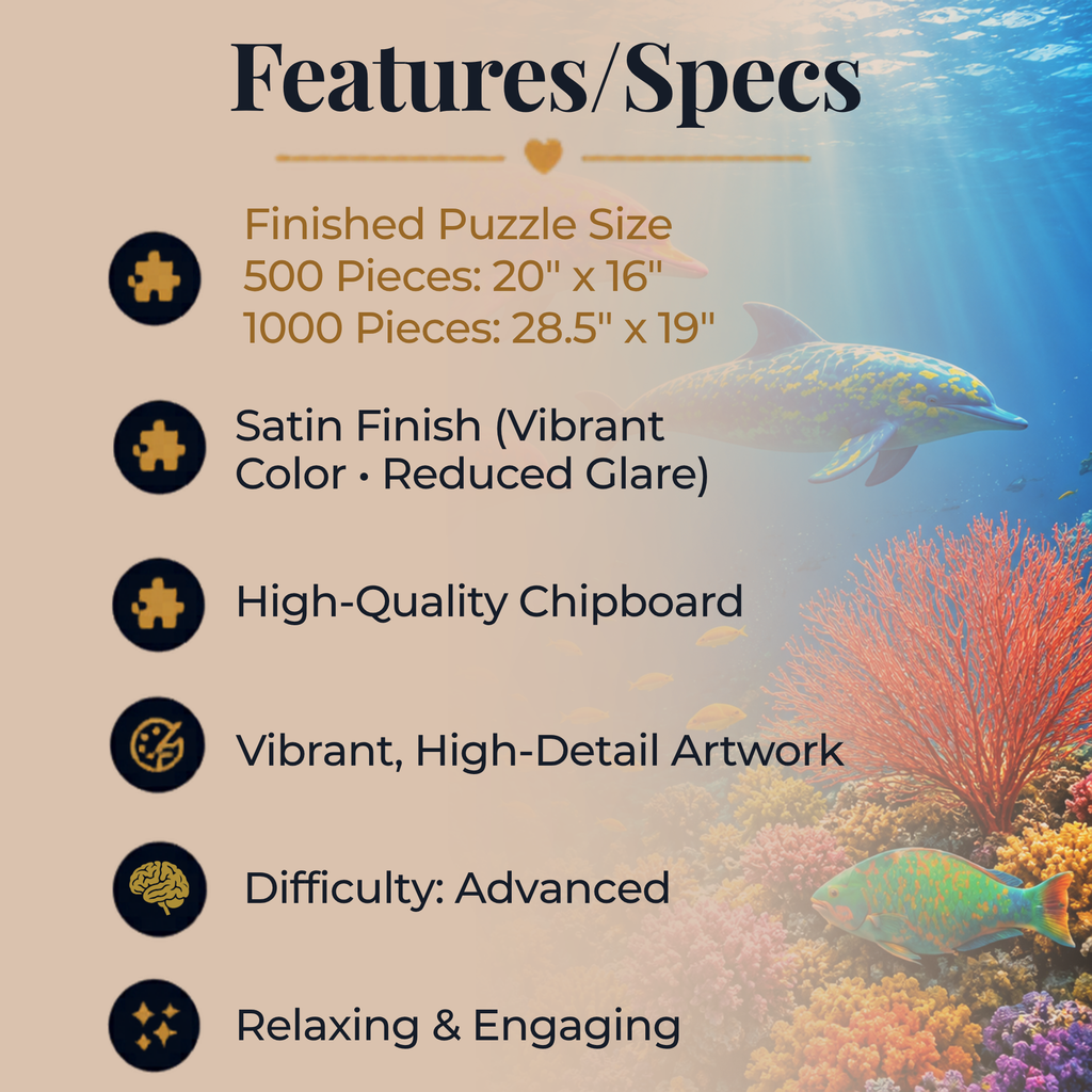 Dolphin Jigsaw Puzzle 500 or 1000 Piece Ocean Reef Puzzle, Colorful Sea Life Puzzle, Gift for Adults