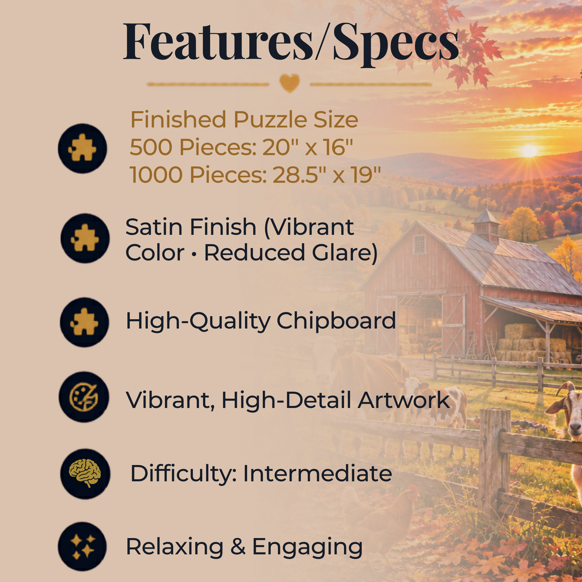 Autumn Farmhouse Puzzle, Fall Harvest Jigsaw Puzzle, Country Farm Sunset, Barn & Farm Animals, Cozy Fall Puzzle, 500 or 1000 Pieces