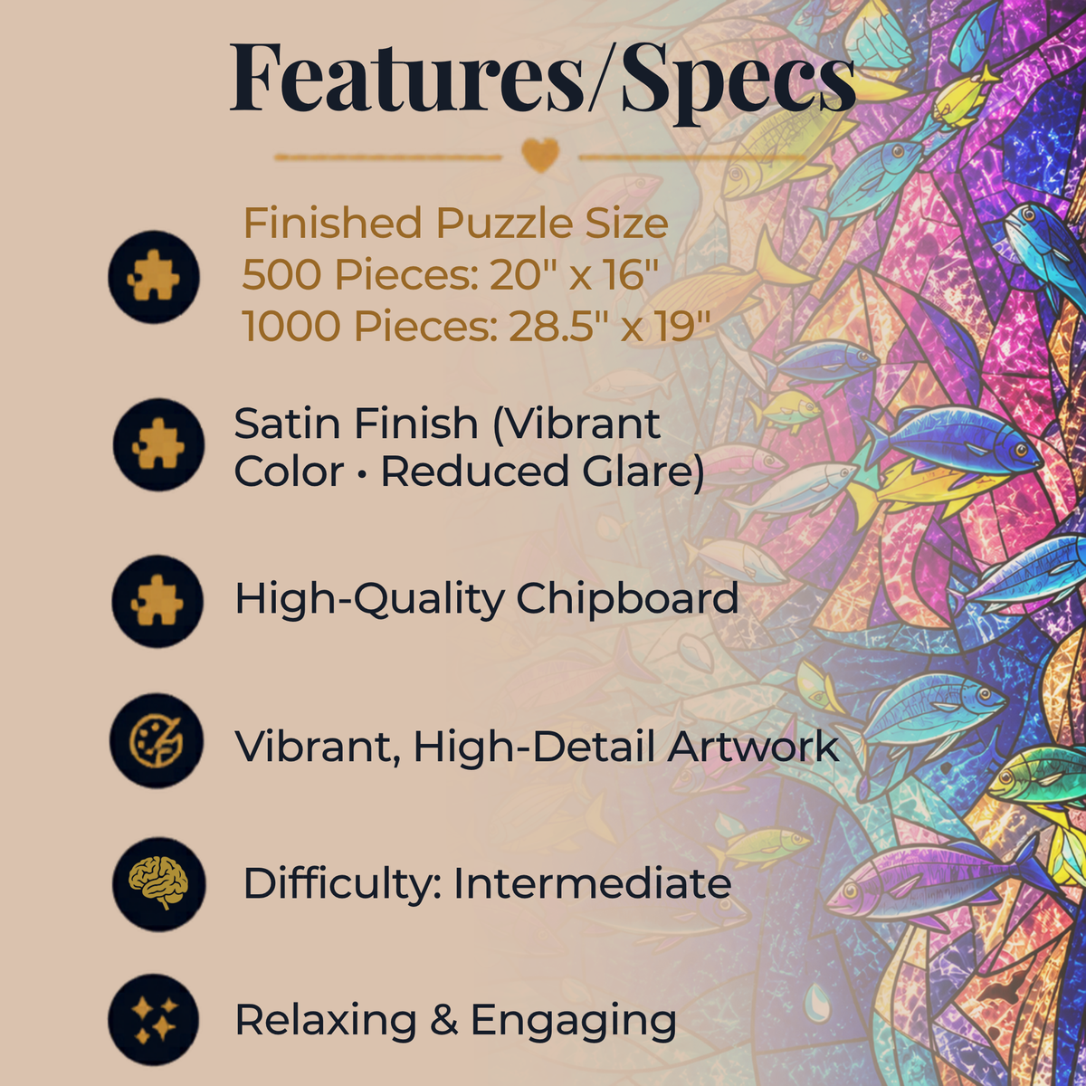 Stained Glass Ocean Jigsaw Puzzle – Colorful Tropical Fish Underwater Puzzle – Sea Life Art Puzzle – 500 & 1000 Piece Adult Puzzle