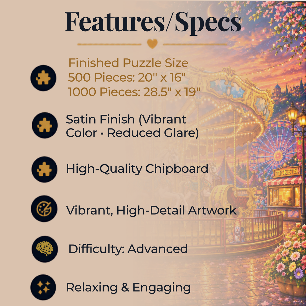 Carousel Jigsaw Puzzle 500 or 1000 Piece Vintage Fair Puzzle, Magical Amusement Park Art Puzzle