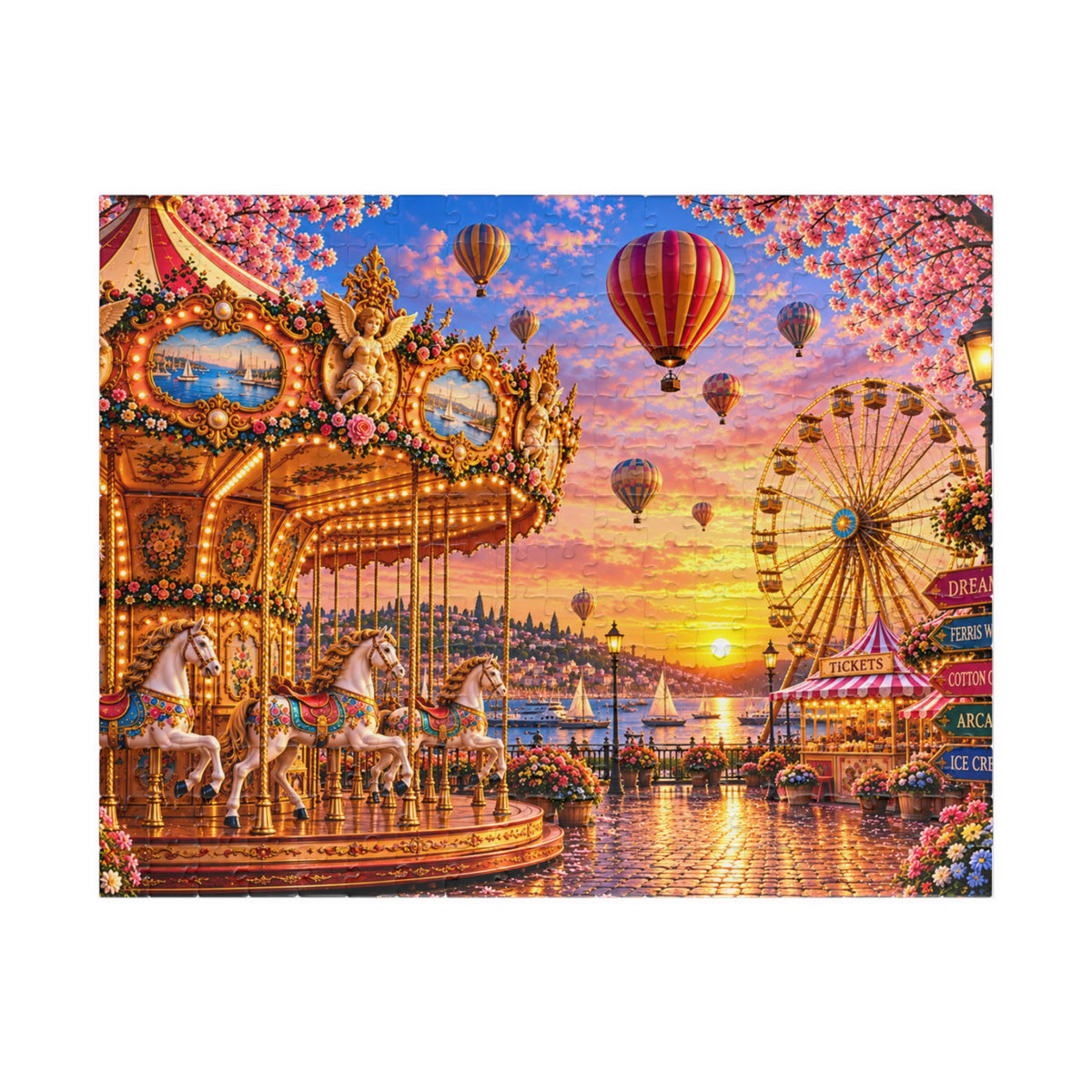 Dreamland Carousel Puzzle – Whimsical Carnival Jigsaw Puzzle, Ferris Wheel & Hot Air Balloons, Colorful Adult Puzzle, 100, 250, 500 or 1000 Pieces