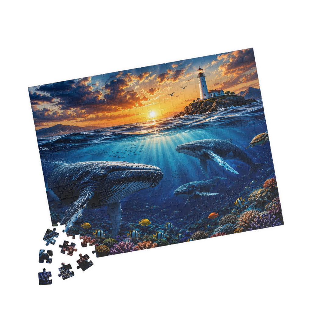 Ocean Lighthouse Puzzle – Whales Under the Sea Jigsaw Puzzle, Coastal Sunset Puzzle, Ocean Lover Gift, 250, 500 or 1000 Pieces